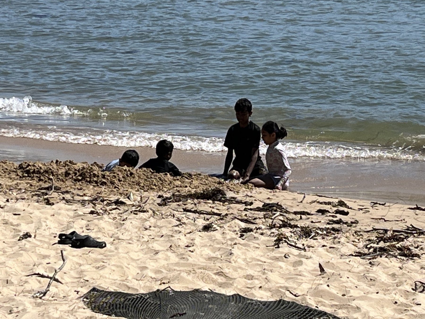 Four children digging a big hole in the sand at the water's edge, small waves breaking behind them