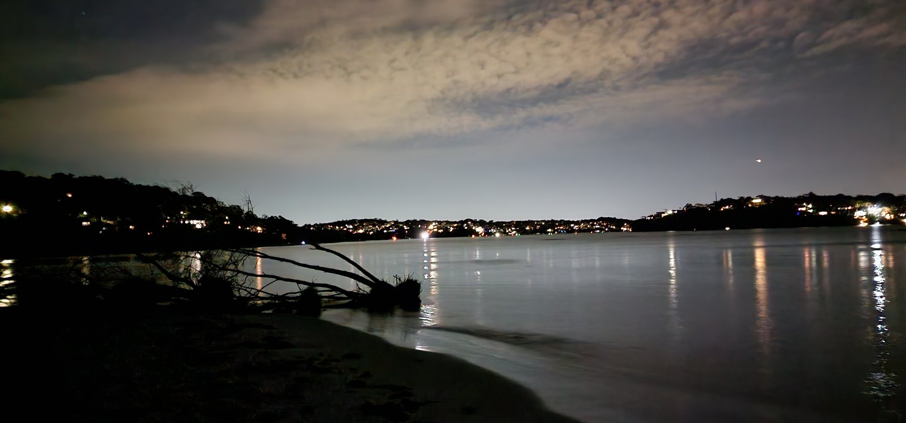 The bay at night from the beach, a fallen tree in the foreground and the lights of the far shore reflected in still water under a pale, cloudy sky
