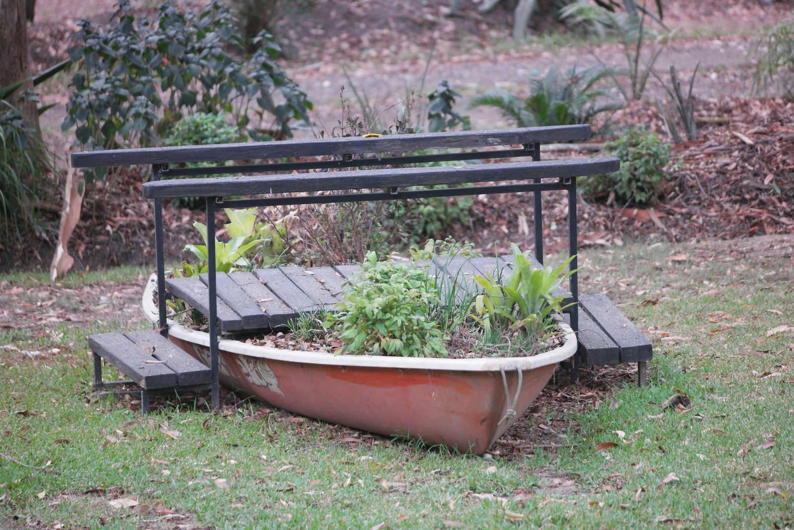 An old dinghy set into the ground as a garden bed and planted out, with timber benches built around it