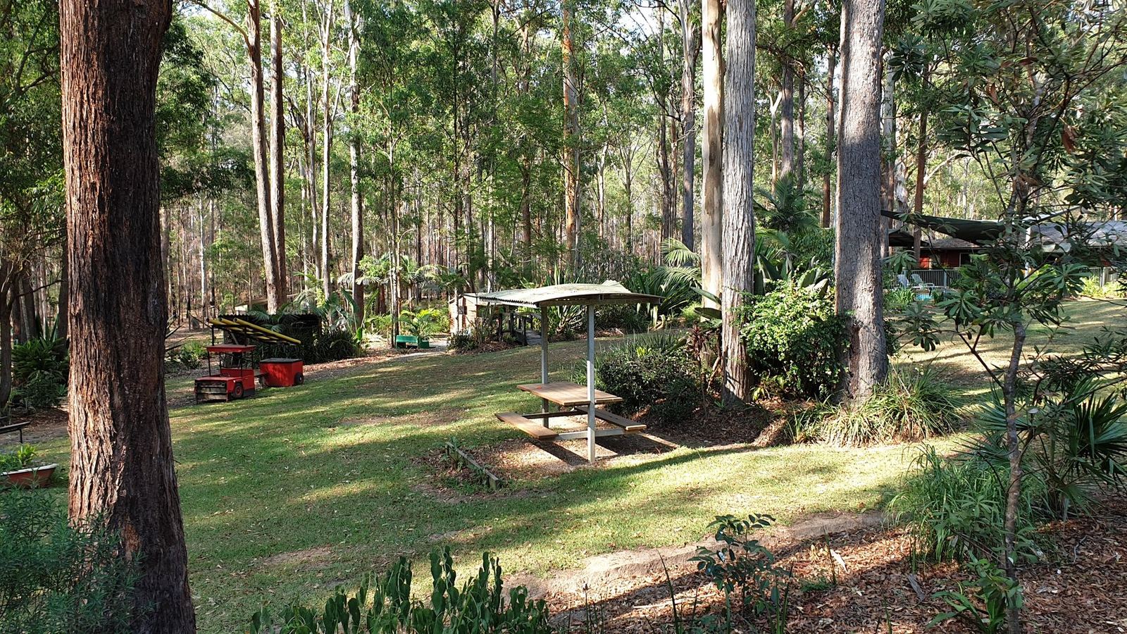 Open mown grounds under tall eucalypts and palms, with a shade shelter and picnic setting among the trees