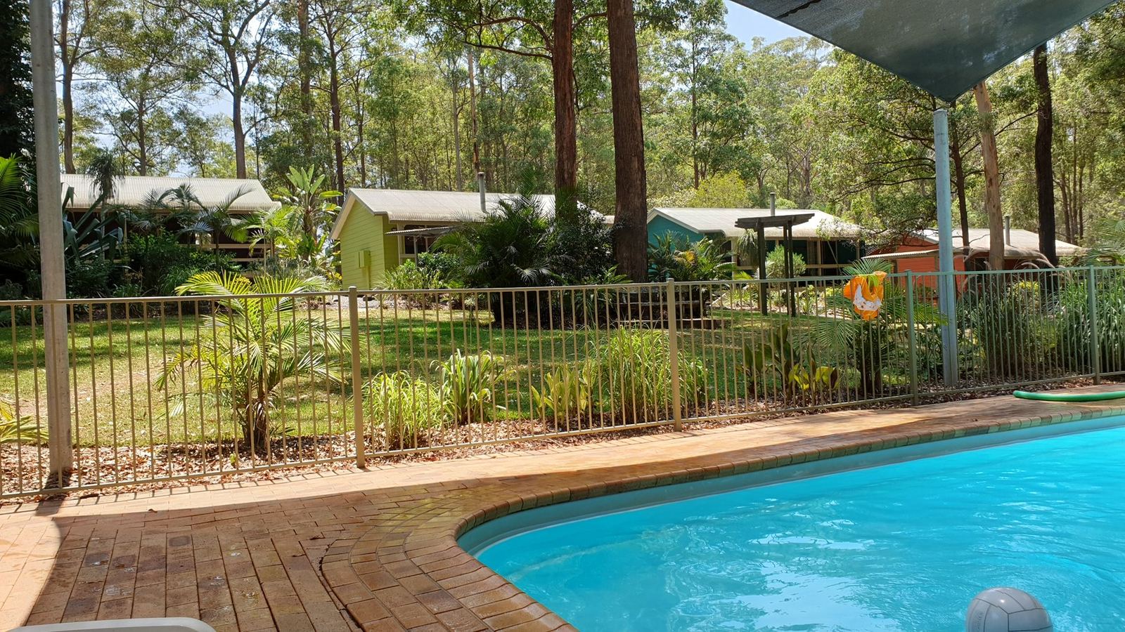 A fenced swimming pool on a timber deck with cabins and canvas accommodation visible through the trees behind