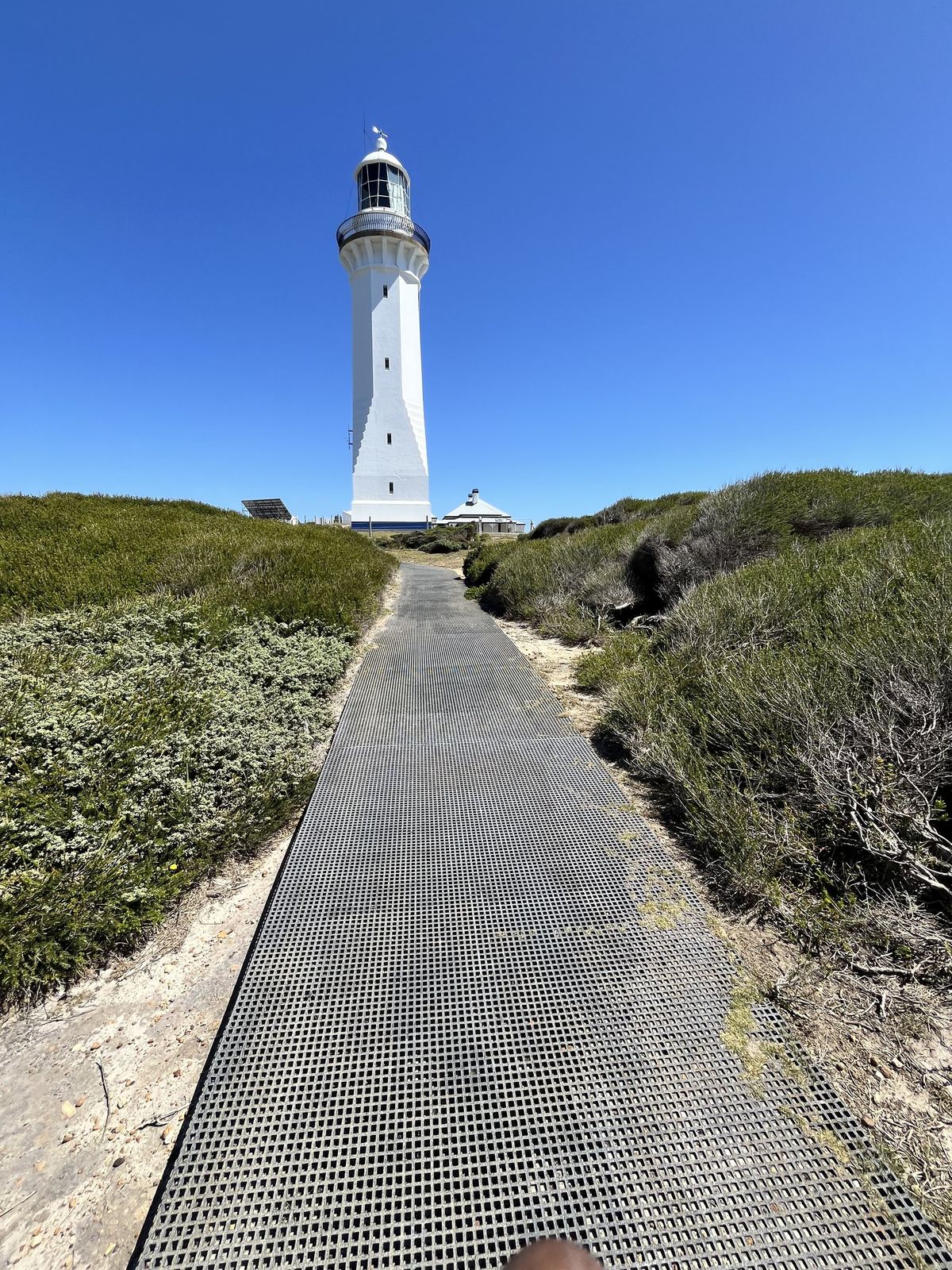 The metal-mesh path running straight towards the lighthouse across the headland