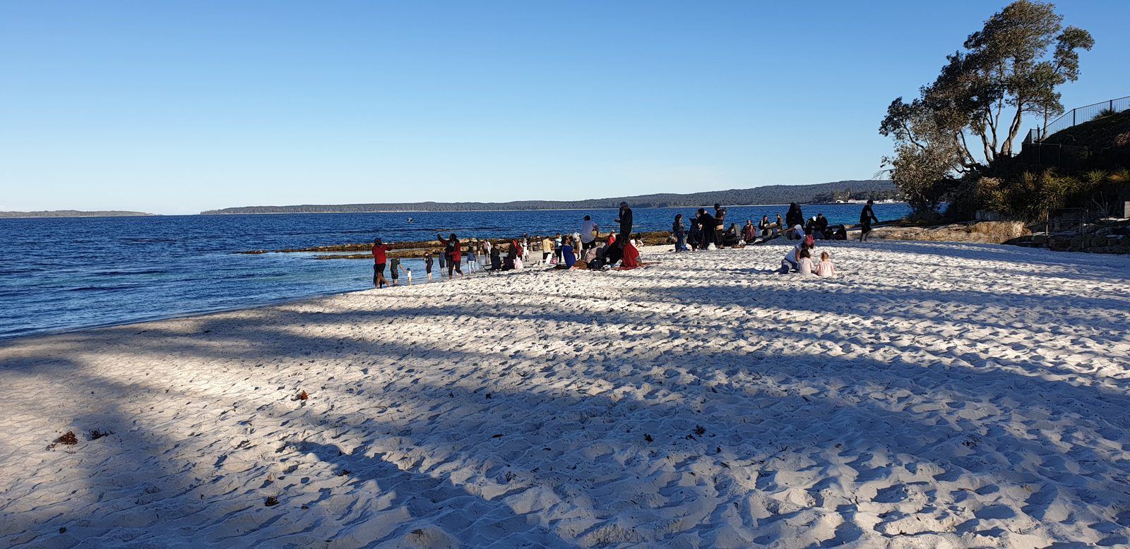 A wide view along the beach in late afternoon, people small in the distance on the sand and the rock platform, bush headland behind
