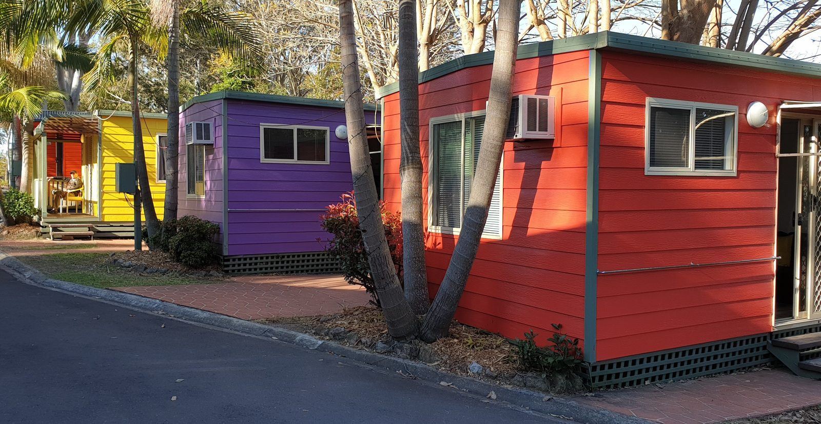 A row of small holiday cabins painted red, purple and yellow, set among palms and gum trees along a narrow sealed road