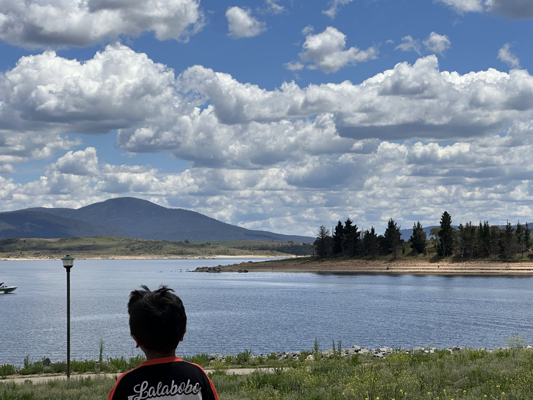 A boy seen from behind looking out over Lake Jindabyne, a wooded point of land, a speedboat and a round hill under big white clouds
