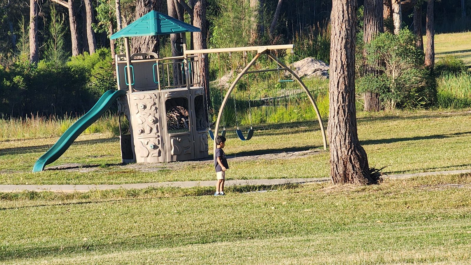 A child on the swing at the park playground, with the slide and climbing tower alongside under tall pines