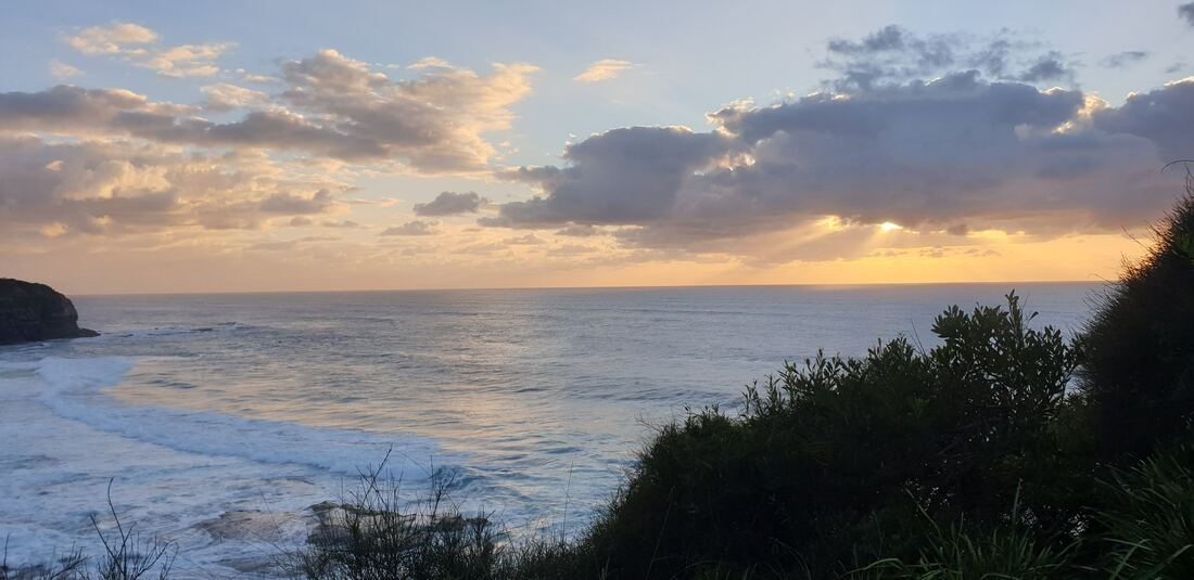 A small cove below North Narrabeen Headland with cloud lit gold at sunrise