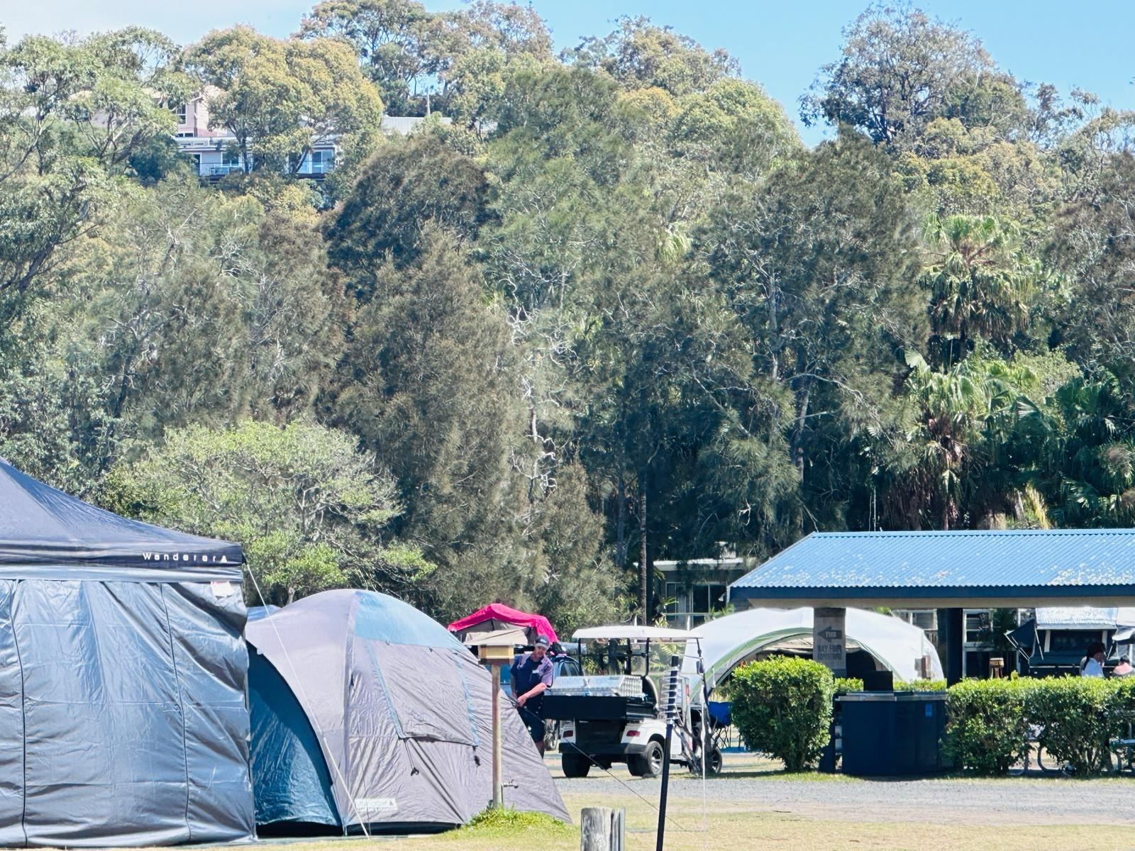 Tents and camper trailers on the grass seen from higher ground, the park's amenities block and treed hillside behind