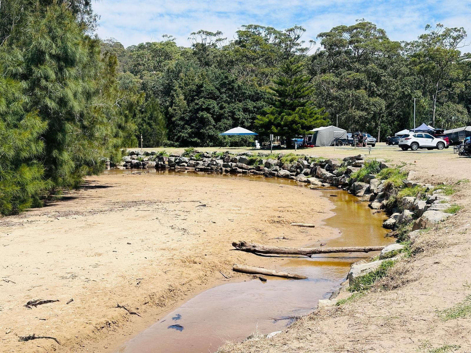 Camp sites and vehicles set up along the treeline above the creek bed
