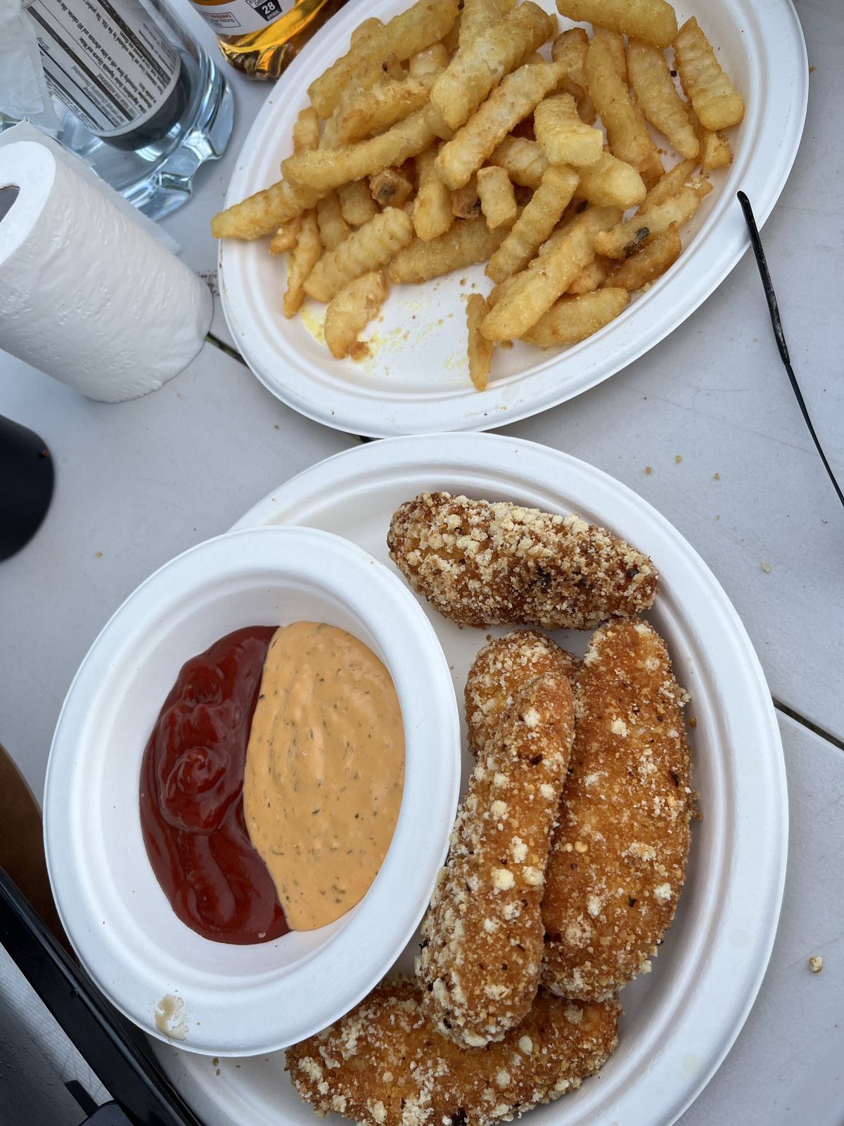 Dinner on paper plates: hot chips and a crumbed cutlet with two sauces